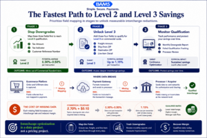 Editorial fintech infographic showing the phased roadmap ecommerce merchants use to move from downgraded commercial card transactions to Level 2 and Level 3 interchange qualification.