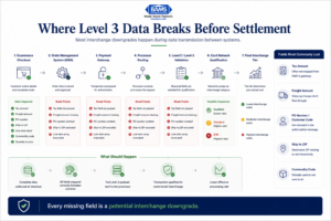 Enterprise fintech systems infographic showing where tax, freight, PO number, and line-item fields fail between ecommerce checkout and interchange qualification.