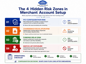 Operational risk infographic showing how default processor settings lead to funding holds, chargebacks, and compliance problems