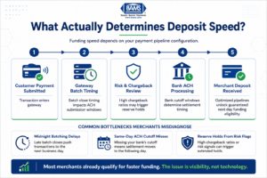 Process timeline infographic showing how gateway batching, ACH cutoff times, risk monitoring, and pricing transparency affect merchant funding speed.