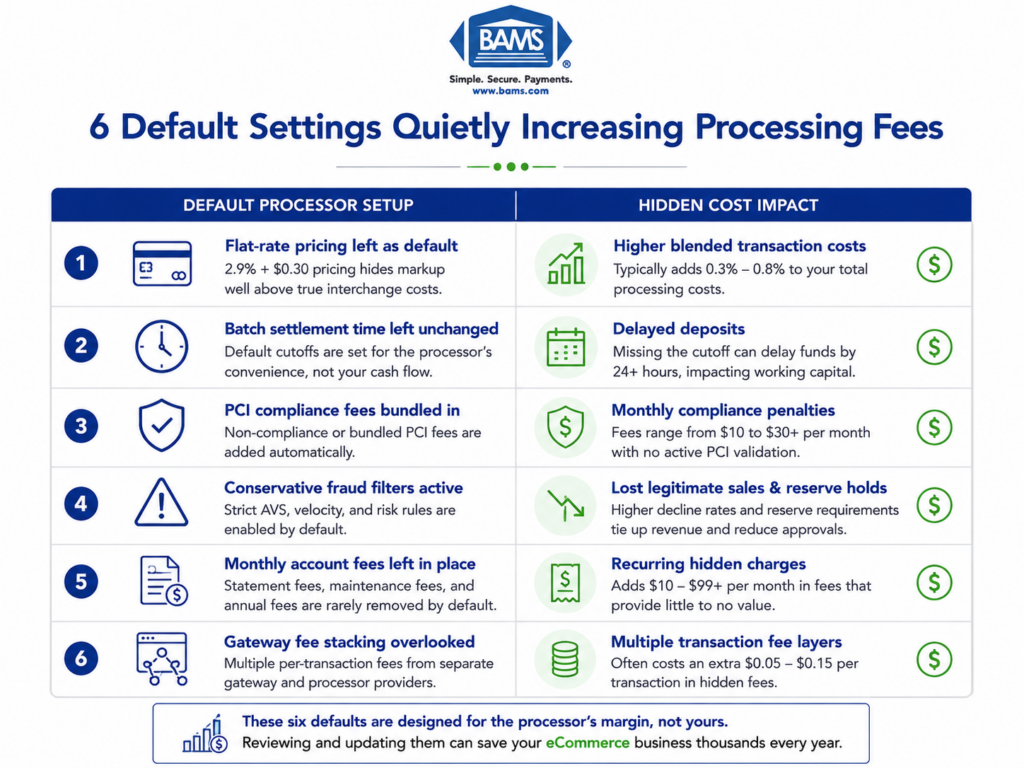 Comparison infographic showing six default merchant account settings that increase ecommerce payment processing fees