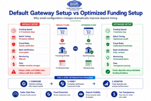 Split comparison infographic showing the differences between a default payment gateway setup and an optimized next-day funding ecommerce setup.