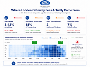 Analytics dashboard infographic showing hidden ecommerce payment gateway fee issues and transaction mismatches