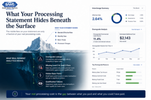 Creative fintech iceberg-style infographic showing visible processing statement information above water and hidden transaction downgrade costs beneath the surface.