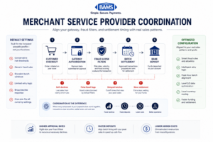 payment infrastructure workflow showing gateway authorization fraud filters batch settlement and bank deposits aligned through merchant service provider coordination