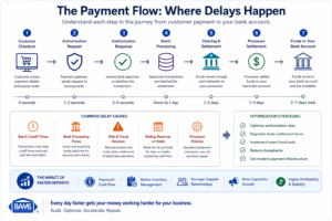 eCommerce payment flow showing authorization, batching, clearing, settlement, and deposit stages with common delay points affecting cash flow