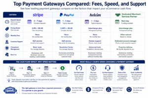 Comparison of payment gateways including Stripe, PayPal, Helcim, and merchant services partner based on fees, deposit speed, support, and chargeback management