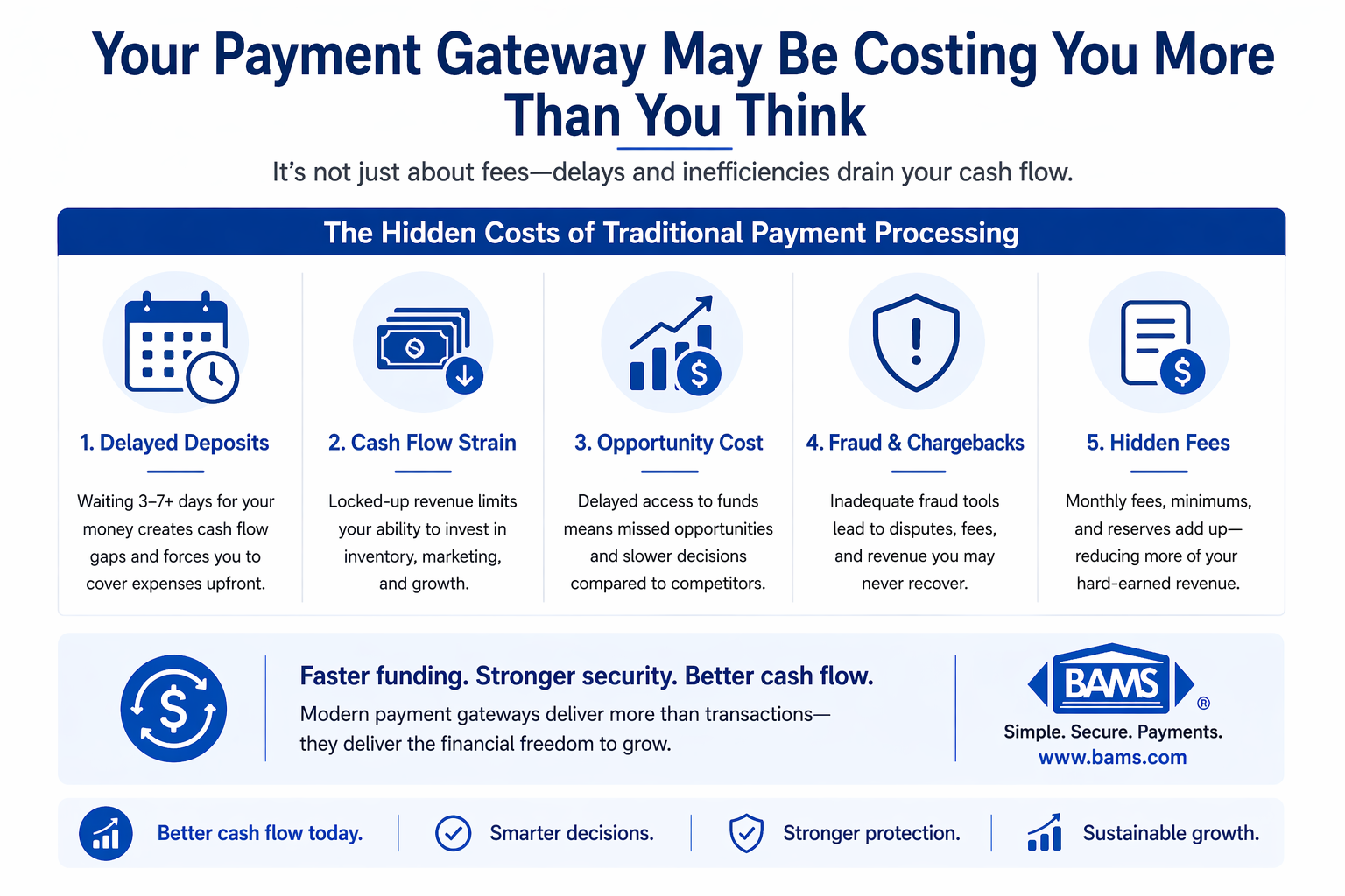 Hidden costs of payment gateways including delayed deposits, cash flow strain, opportunity cost, fraud risks, and hidden fees affecting eCommerce businesses