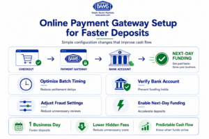 Modern fintech workflow infographic showing the step-by-step online payment gateway setup process for achieving next-day funding and faster ecommerce deposits.