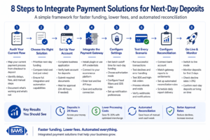 Step by step process for integrating payment solutions with next-day deposits including setup, gateway connection, configuration, testing, and go-live