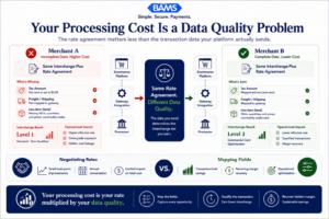 Editorial fintech infographic showing how incomplete ecommerce transaction data causes higher interchange costs despite identical processor pricing agreements.