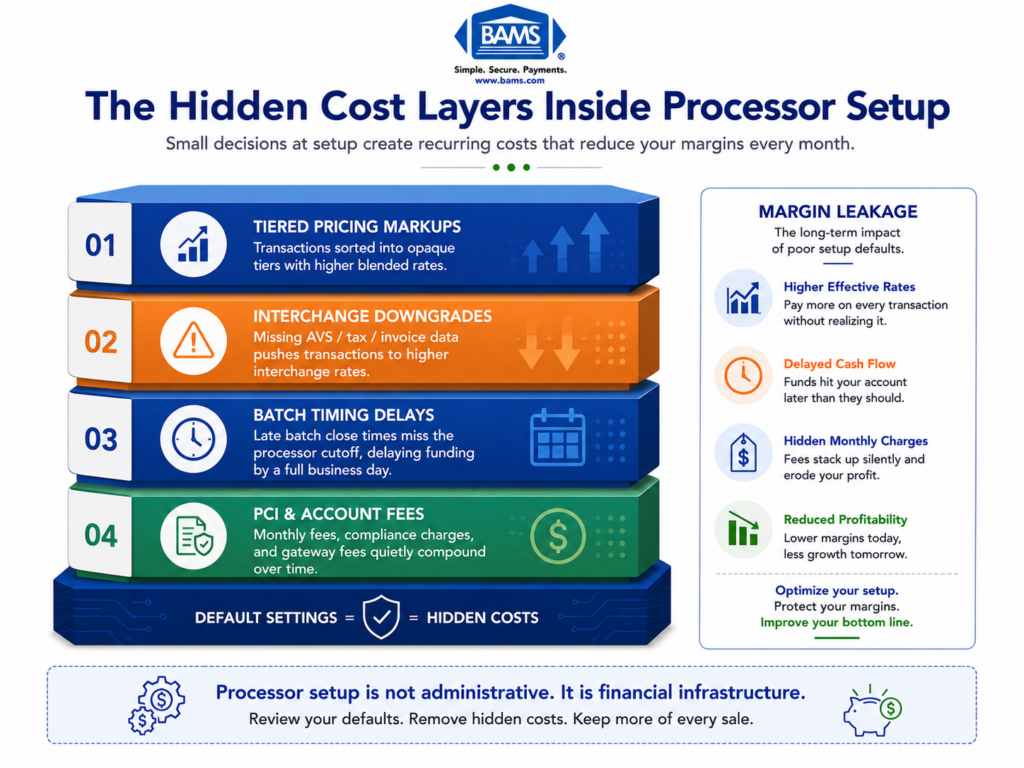 Infographic showing hidden merchant processing costs caused by processor setup defaults