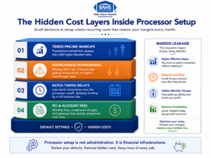 Infographic showing hidden merchant processing costs caused by processor setup defaults