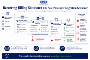 Editorial fintech infographic showing how recurring billing solutions should sequence processor migration to protect token portability, subscription continuity, and funding stability.