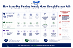 Enterprise fintech systems infographic showing how same-day funding works across Standard ACH, Same-Day ACH, and FedNow payment rails with cut-off timing and weekend limitations.