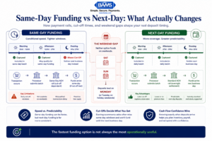 Editorial fintech infographic comparing same-day funding and next-day funding across payment rails, cut-off times, settlement timing, and ecommerce cash flow predictability.