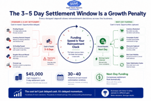 Professional fintech infographic showing how delayed payment settlement creates a compounding growth disadvantage for ecommerce businesses.