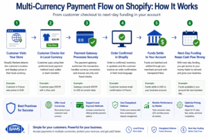Multi-currency payment flow on Shopify showing customer checkout in local currency, gateway processing, order confirmation, settlement, and next-day funding