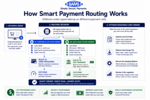 payment routing workflow infographic showing ACH routing for B2B orders and card processing for consumer ecommerce transactions