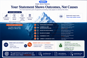 Editorial fintech infographic showing the gap between visible payment processing fees on a statement and the hidden cost drivers causing higher merchant processing expenses.