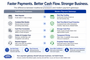 Comparison between traditional payment processors and modern payment gateways highlighting faster funding, better security, transparent pricing, and improved cash flow