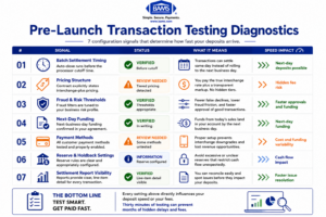 Diagnostic-style infographic showing seven transaction testing signals that predict ecommerce funding speed and deposit timing