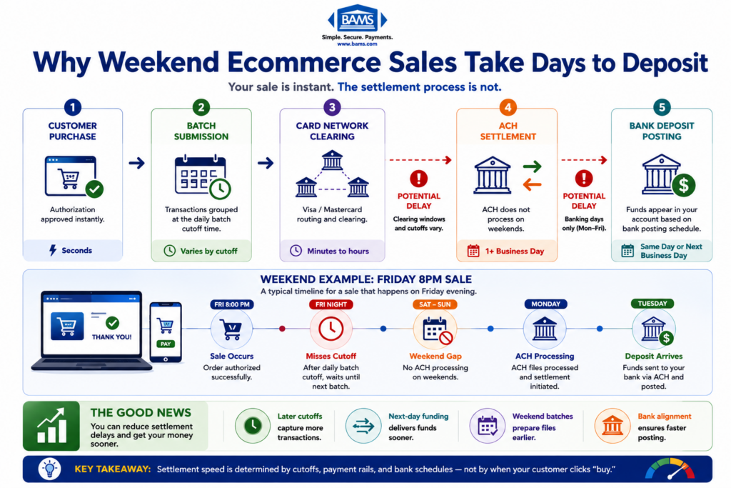 Timeline infographic showing why weekend ecommerce sales take multiple business days to settle and deposit