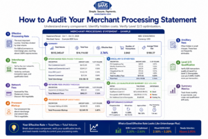 Professional fintech infographic illustrating the key sections of a merchant processing statement, including effective processing rate, interchange fees, processor markup, ancillary fees, and Level 2 and Level 3 qualification for B2B transactions.