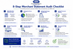 Professional infographic showing an eight-step workflow for auditing a merchant processing statement, calculating the effective processing rate, identifying hidden fees, verifying Level 2 and Level 3 qualification, and preparing for processor negotiations.