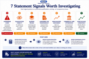 Professional fintech infographic showing the seven most important warning signs merchants should review on payment processing statements.