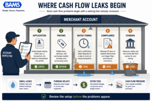 Executive infographic showing common merchant account defaults that quietly create funding delays and unexpected costs.
