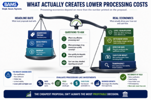 Professional fintech infographic using a balance scale to compare headline processing rates against qualification and settlement performance.