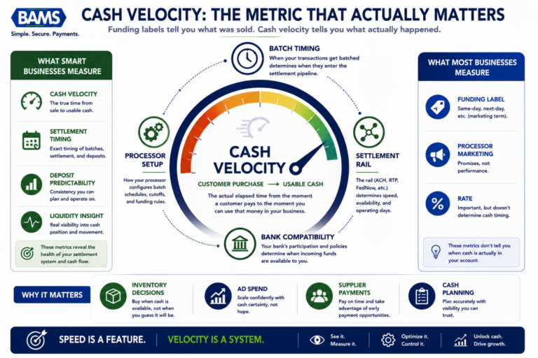 Executive fintech infographic illustrating cash velocity as the elapsed time between customer purchase and usable operating cash.
