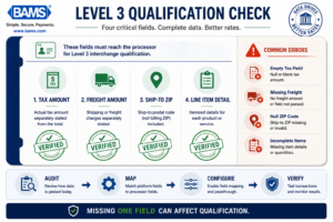 Executive infographic highlighting the core transaction fields required for Level 3 interchange qualification.