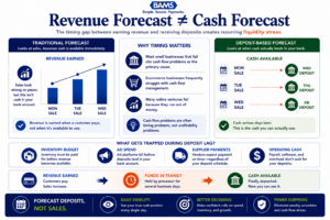 Enterprise fintech infographic showing the difference between revenue earned and cash available, illustrating how deposit lag creates recurring ecommerce cash flow gaps.