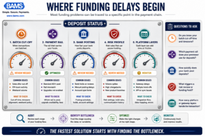 Professional infographic helping merchants identify the most common causes of slow deposits and funding delays.