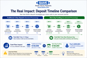 timeline comparison of standard 3 day payment deposits versus next day funding showing how faster settlement improves cash flow availability