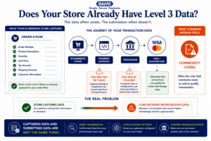 Enterprise fintech infographic showing how ecommerce platforms already capture most Level 3 transaction fields and where qualification gaps typically occur before data reaches card networks.