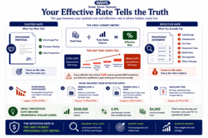 Enterprise fintech infographic showing the difference between quoted processing rates and effective processing rates, highlighting how hidden fees, downgrades, and ancillary charges increase total B2B payment costs.