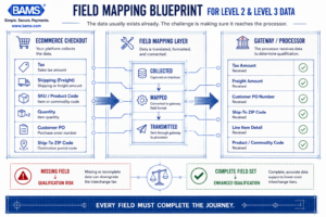 Professional infographic showing how transaction fields move from an ecommerce checkout through a gateway to qualify for enhanced interchange tiers.