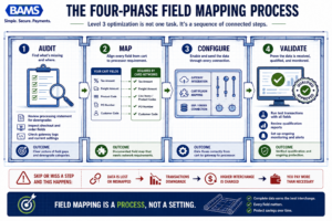 Professional blueprint-style infographic showing the four sequential phases required to optimize transaction data for commercial card qualification.