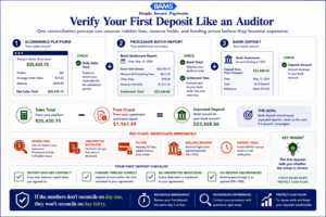 Editorial fintech infographic showing the exact first-deposit verification process merchants should use to identify hidden fees, reserve holds, and processor setup errors.