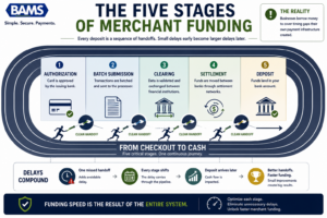 Modern fintech infographic showing the five stages every ecommerce payment travels before reaching the merchant's bank account.