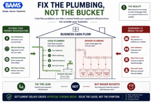 Executive infographic comparing payment infrastructure improvements against borrowing to solve cash flow timing gaps.
