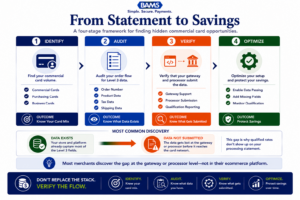 Editorial fintech infographic outlining the four-stage process ecommerce merchants can use to identify commercial card volume, audit Level 3 data, verify submission, and optimize interchange qualification.