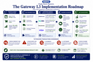 Editorial fintech infographic comparing how Authorize.Net, NMI, Braintree, and Stripe implement Level 3 data and showing the step-by-step path to qualification verification.