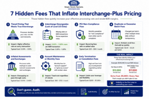 Professional fintech infographic showing the seven most common hidden fees that increase merchant processing costs, including tiered pricing, interchange downgrades, PCI fees, batch fees, inflated assessments, account maintenance charges, and contract termination fees.