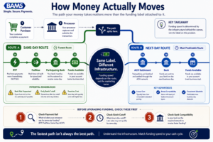 Transit-map style fintech infographic showing how funding speed depends on payment rails, processor infrastructure, and bank participation rather than funding labels.