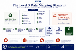 Enterprise fintech infographic showing the complete Level 3 data structure required for interchange qualification, including order-level fields, commodity codes, tax data, freight, and line-item details.