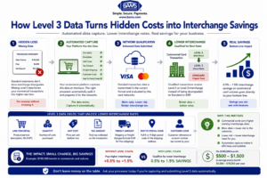 Professional fintech infographic illustrating how automated Level 3 data capture transforms commercial card transactions from standard interchange rates into lower qualified interchange rates through enhanced transaction data.